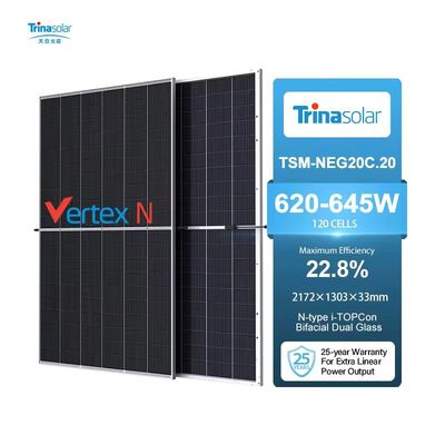 Trina Solar 620-645W Mono Bifacial Dual Glass PV with Anodized Aluminium Alloy Frame